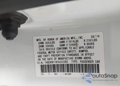 2015 Honda Accord Hybrid Touring z USA, uszkodzony, nr VIN 1HGCR6F78FA000598